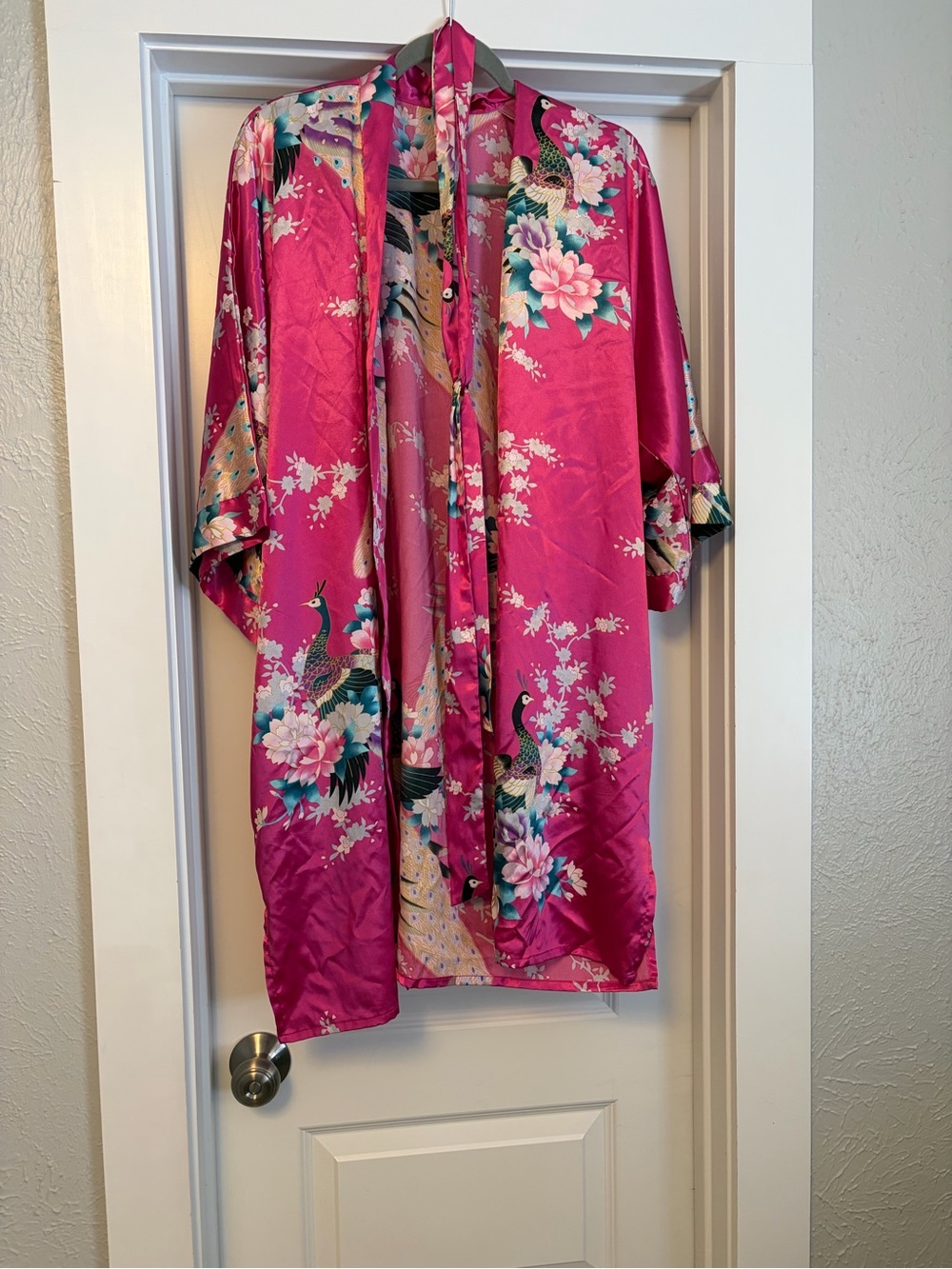Fuchsia Floral Peacock Satin Kimono Robe